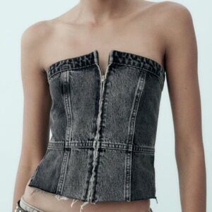 Zara Black Denim Zip Front Corset Tube Top S Festival Cowgirl